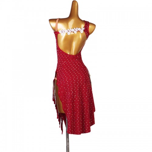 Women  wine colored diamond Latin dance dresses chacha dance dresses Professional Latin dance  rumba fringed skirt